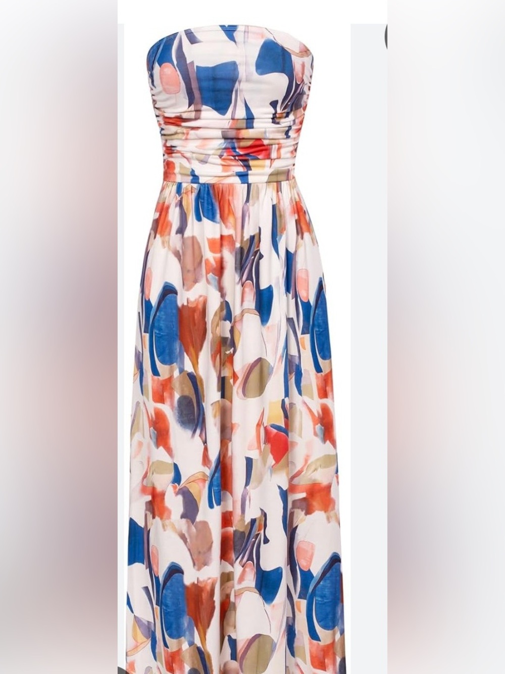 Grace Karin Strapless Abstract Maxi Dress in Blue, Coral & Tan
